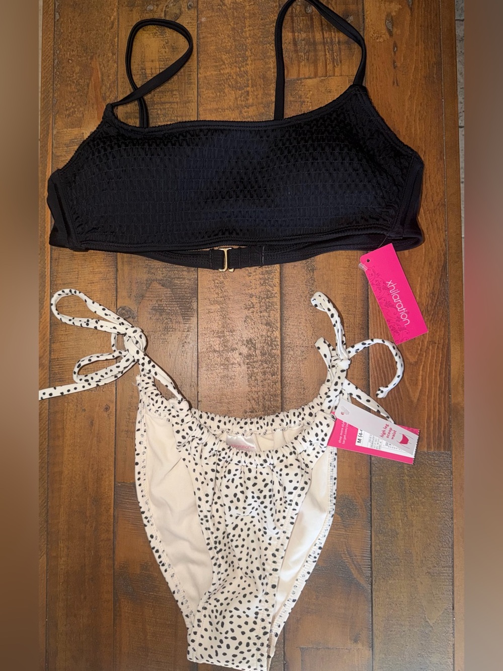 Xhilaration Black Textured Bandeau Top with White Black-Dotted Tie Bottoms